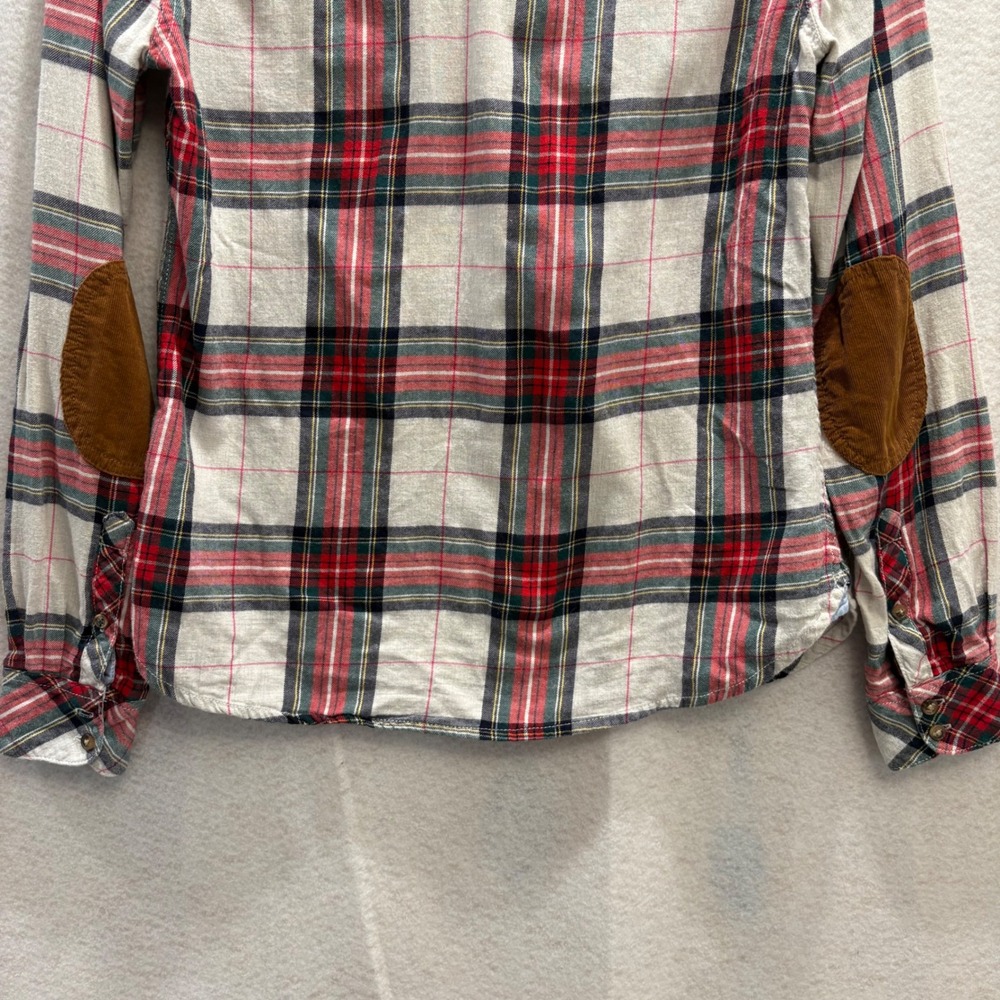 LOGG H&M Womens 8 Red Plaid Flannel Button Down Shirt Corduroy Patches Preppy - Picture 9 of 10